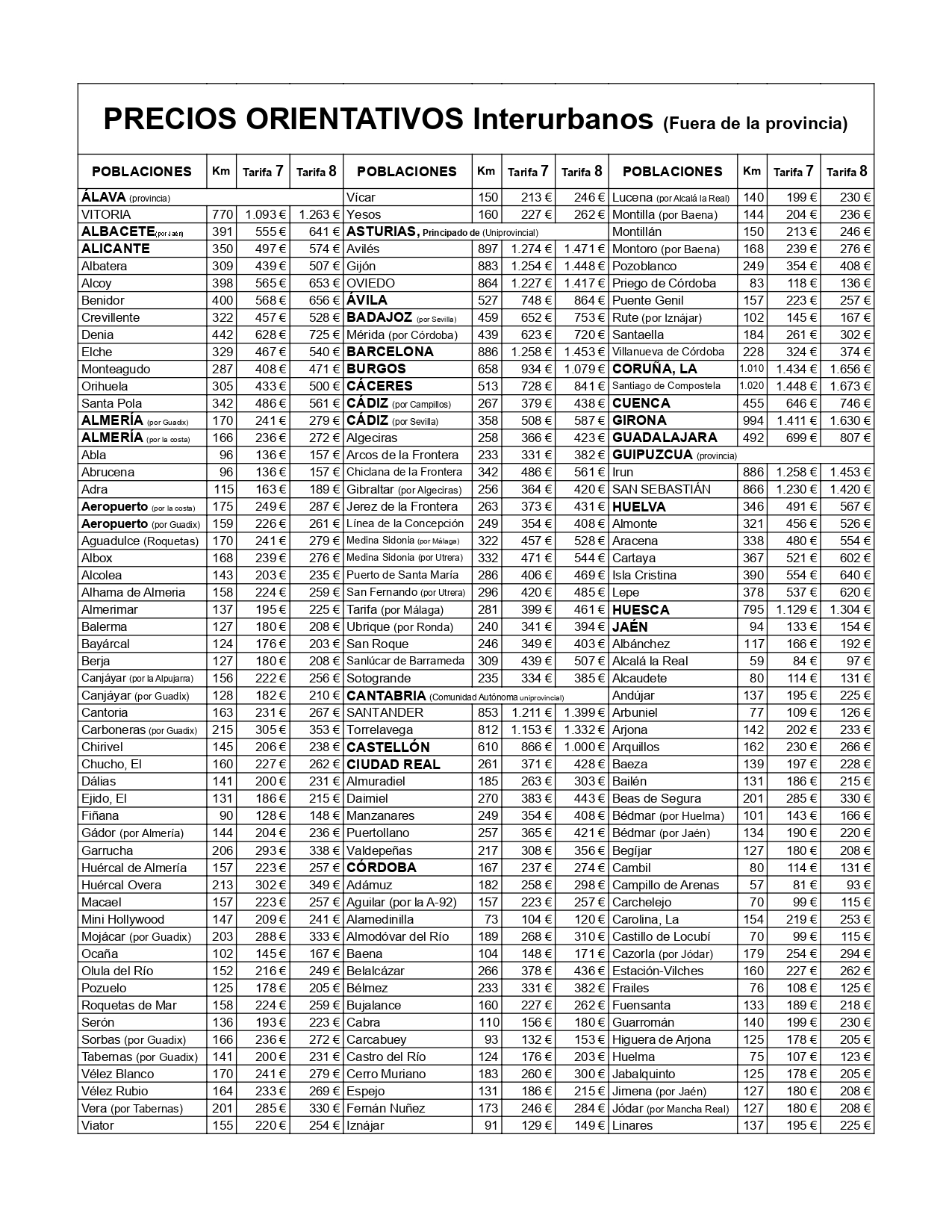 Listado Tarifas 2025 Interurbanas3 (0,71€ km   0,82€ km) page 0003